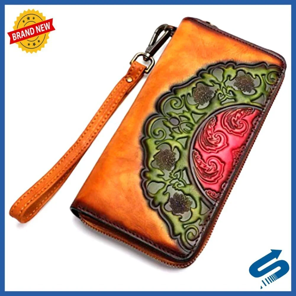 Genuine Leather Small Clutch Wallet with 8 Card Slots and Zipper Pocket